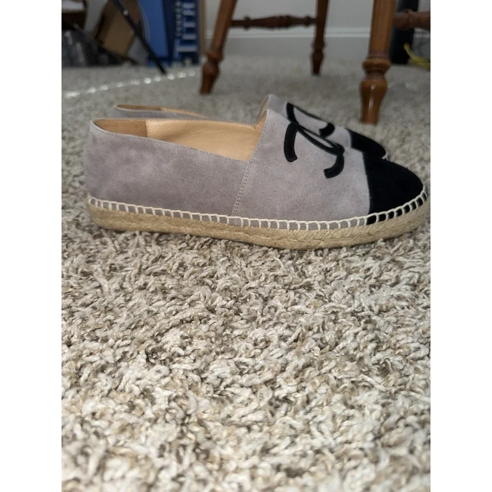 CHANEL Black Grey Suede Leather Espadrilles Sz 37 Size US 6.5 AMAZING CONDITION - Picture 3 of 8